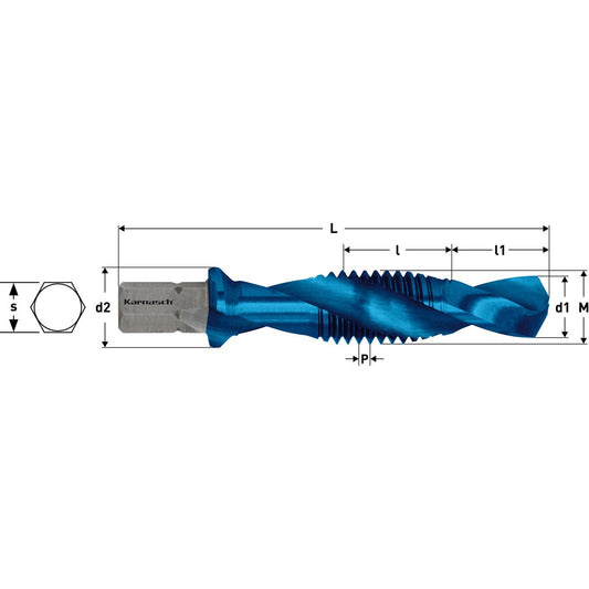 Combined-Bit-Tap HSSG Dura-Blue coated M6x1,0 (for core drilling 5,0mm)