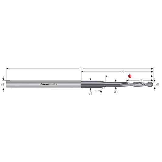 Solid carbide 3D ball nose/corner chamfer end mill d= 2,0 / r= 1,00 / L3= 18,0 mm, CAD/CAM DCC 0318 graphite/zirconium