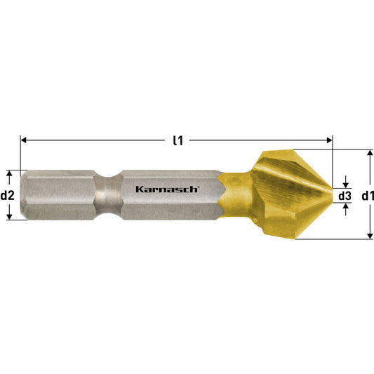 Countersink 90°, UNEQUAL PITCH HSS-XE TIN coated with impact shank long, DIN 335 d=6,3mm