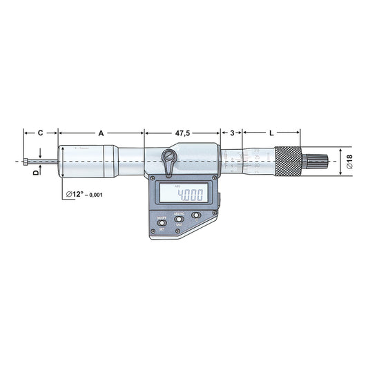 2 point internal micrometer | digital 3-4 mm | IP65 | reading 0,001mm