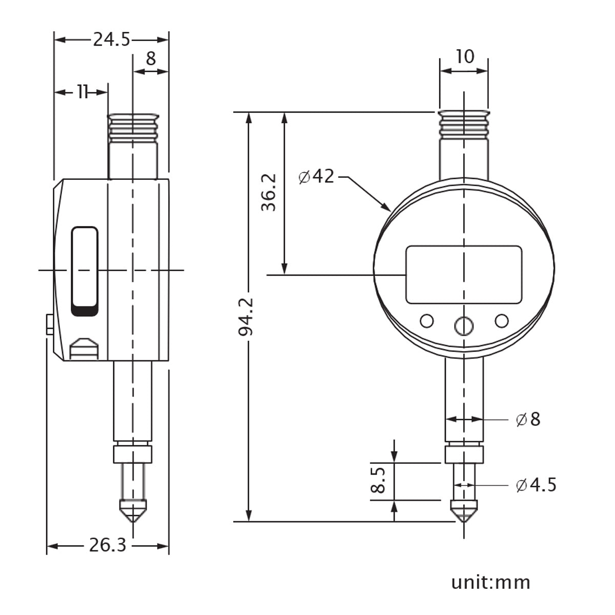 Digital indicator 0-5mm | 0,01mm with data output | ABS