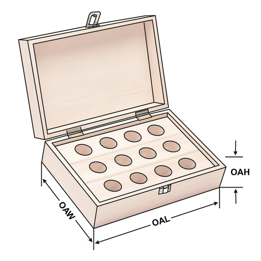 Wooden boxes, empty - 12 holes Ø 25 mm for tapping adaptors size 1
