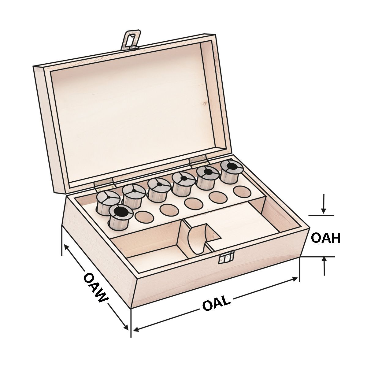 Reduction sleeves for HKS milling chucks 7 pcs set in wooden case