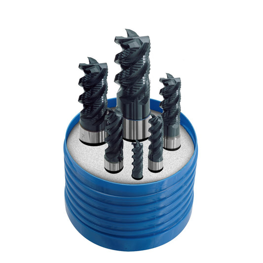 HSSX-V2 Roughing end mill-Set, Typ HR d=6-8-10-12-16-20mm/Z=4 Shank HB TIALN-FUTURA